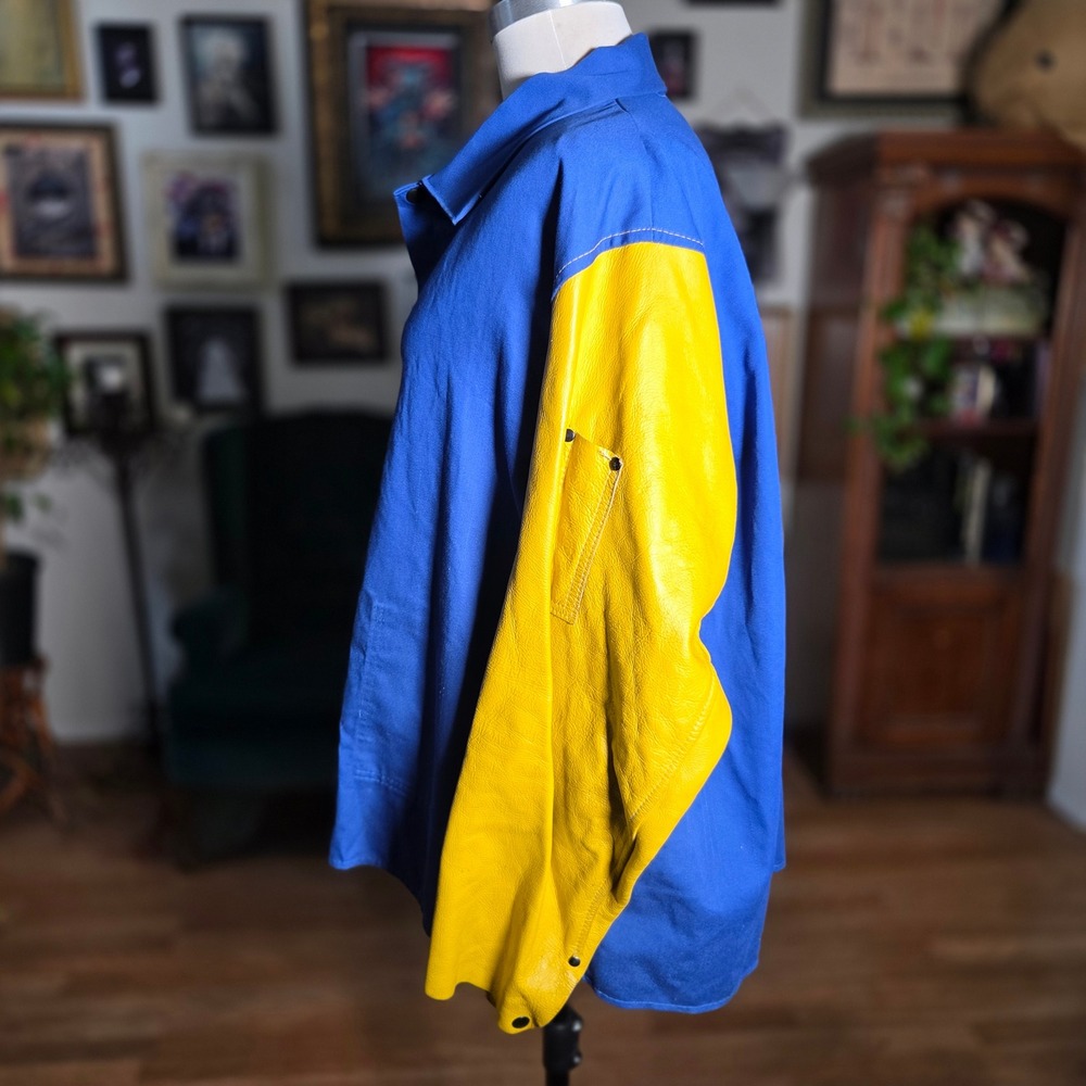 Vintage Y2K Tillman Jacket Blue Cotton Yellow Leather Sleeves Welding Shirt Mens - Picture 4 of 8